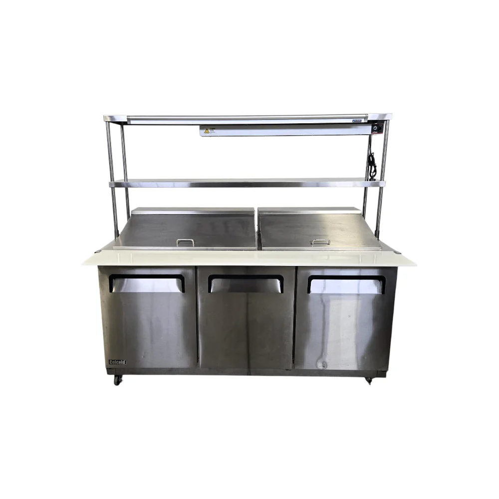 Celcold CMT7230 Megatop Refrigerated Prep Table - 3 Solid Door with Double Overshelf and Heat Lamp - 72 Inch