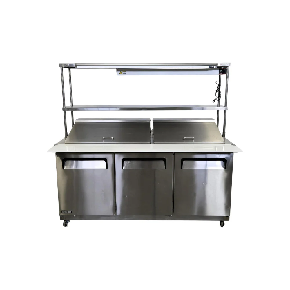 Celcold CMT7230 Megatop Refrigerated Prep Table - 3 Solid Door with Double Overshelf and Heat Lamp - 72 Inch