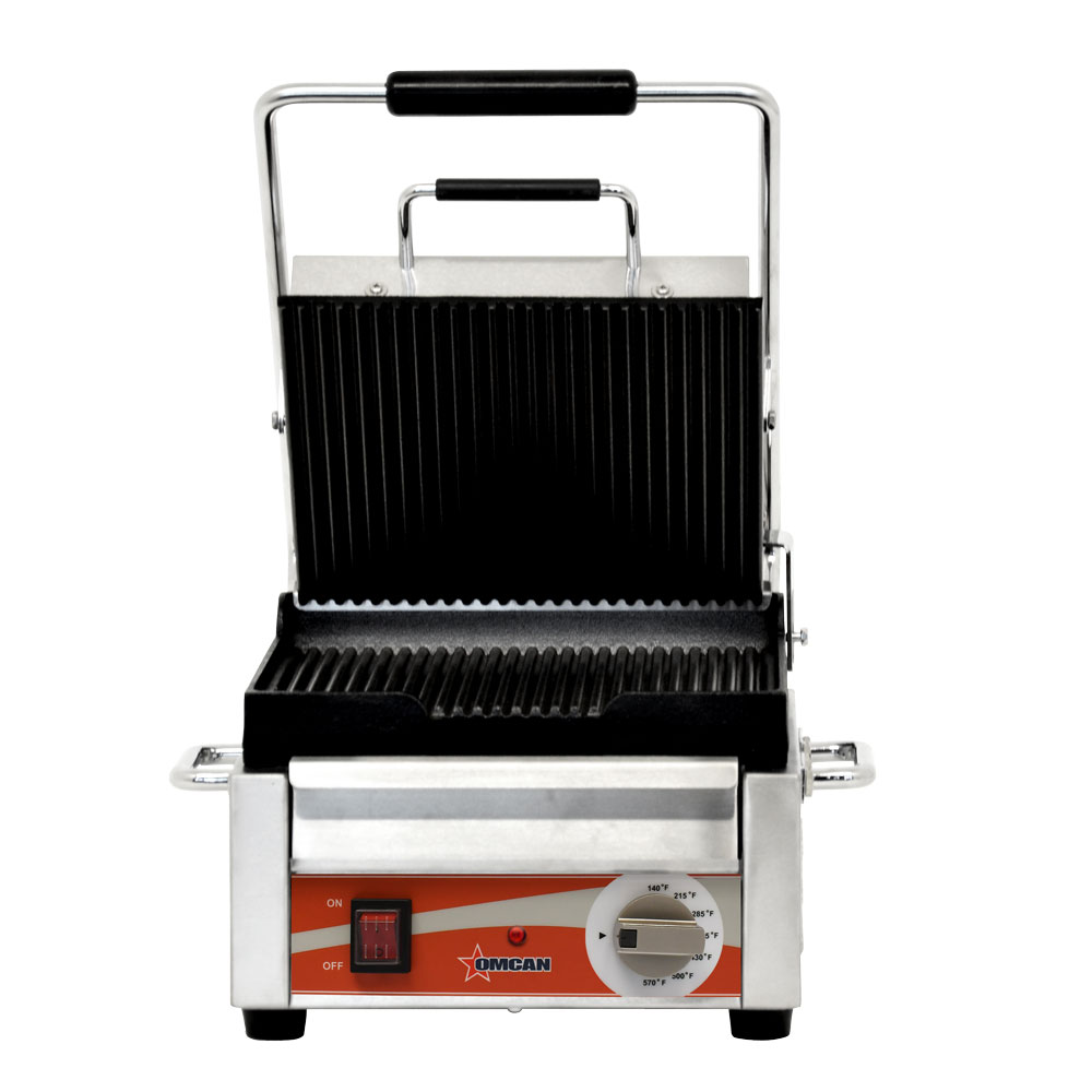 Omcan Single Panini Grill with Grooved Plates – Cooking Surface – 120V, 1800W — Size: 10" x 11"