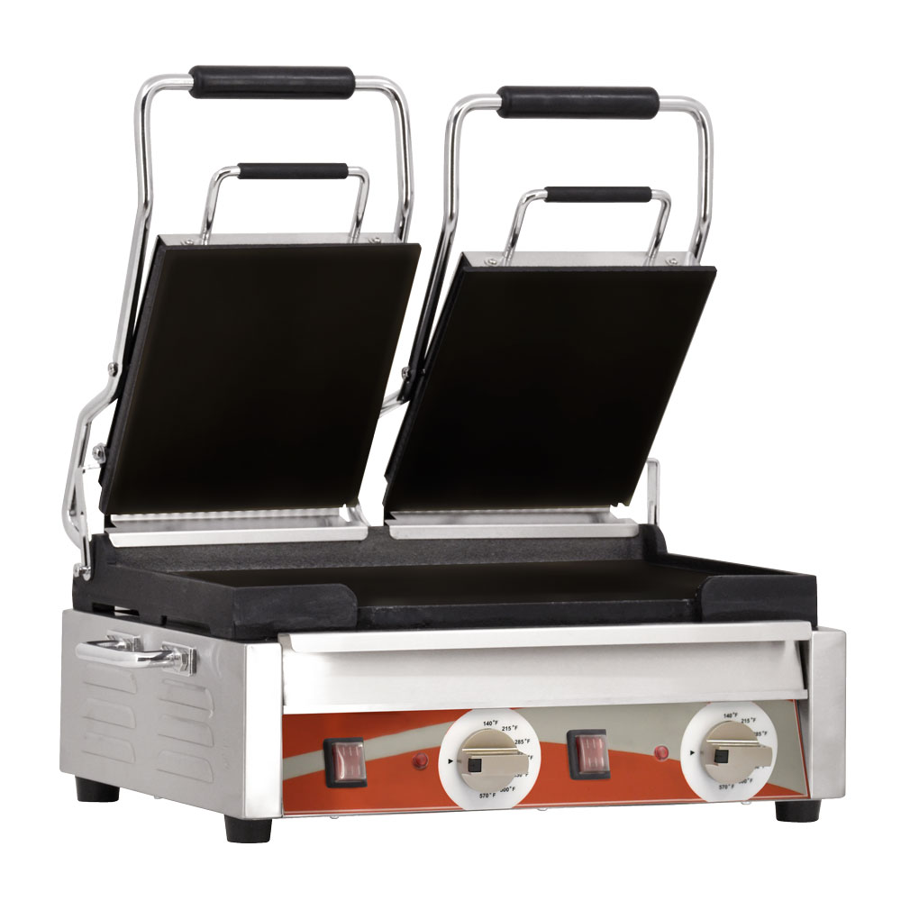 OMCAN Double Panini Grill with Smooth Plates – 10″ x 18″ Cooking Surface – 220V, 3200W
