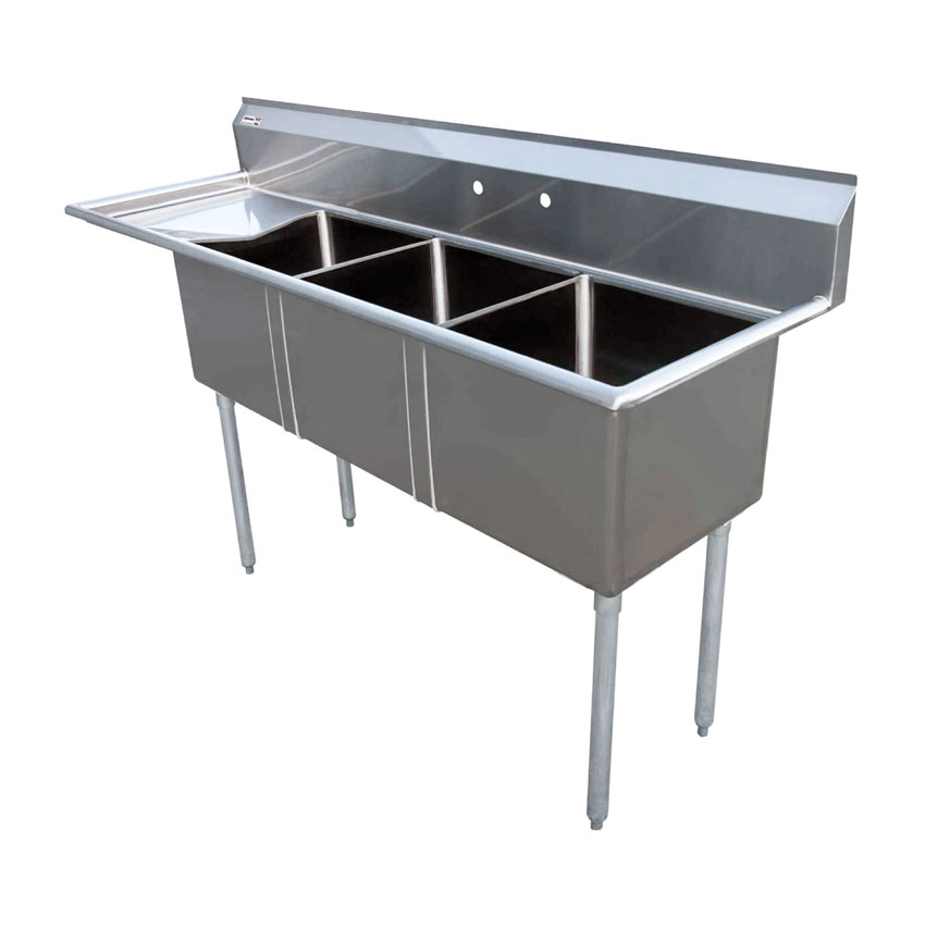 Omcan 18-gauge stainless steel Three Tub Sink with Corner Drain and Left Drainboard — Size: 18" x 18" x 11"