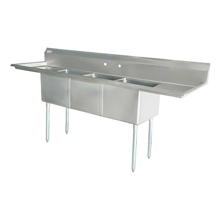 Omcan 18-gauge stainless steel Three Tub Sink with Corner Drain and Two Drainboards — Size: 18" x 18" x 11"