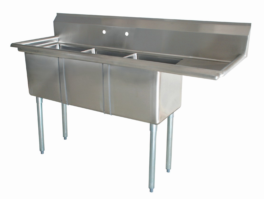 Omcan 18-gauge stainless steel Three Tub Sink with Corner Drain and Right Drainboard — Size: 18" x 21" x 14"