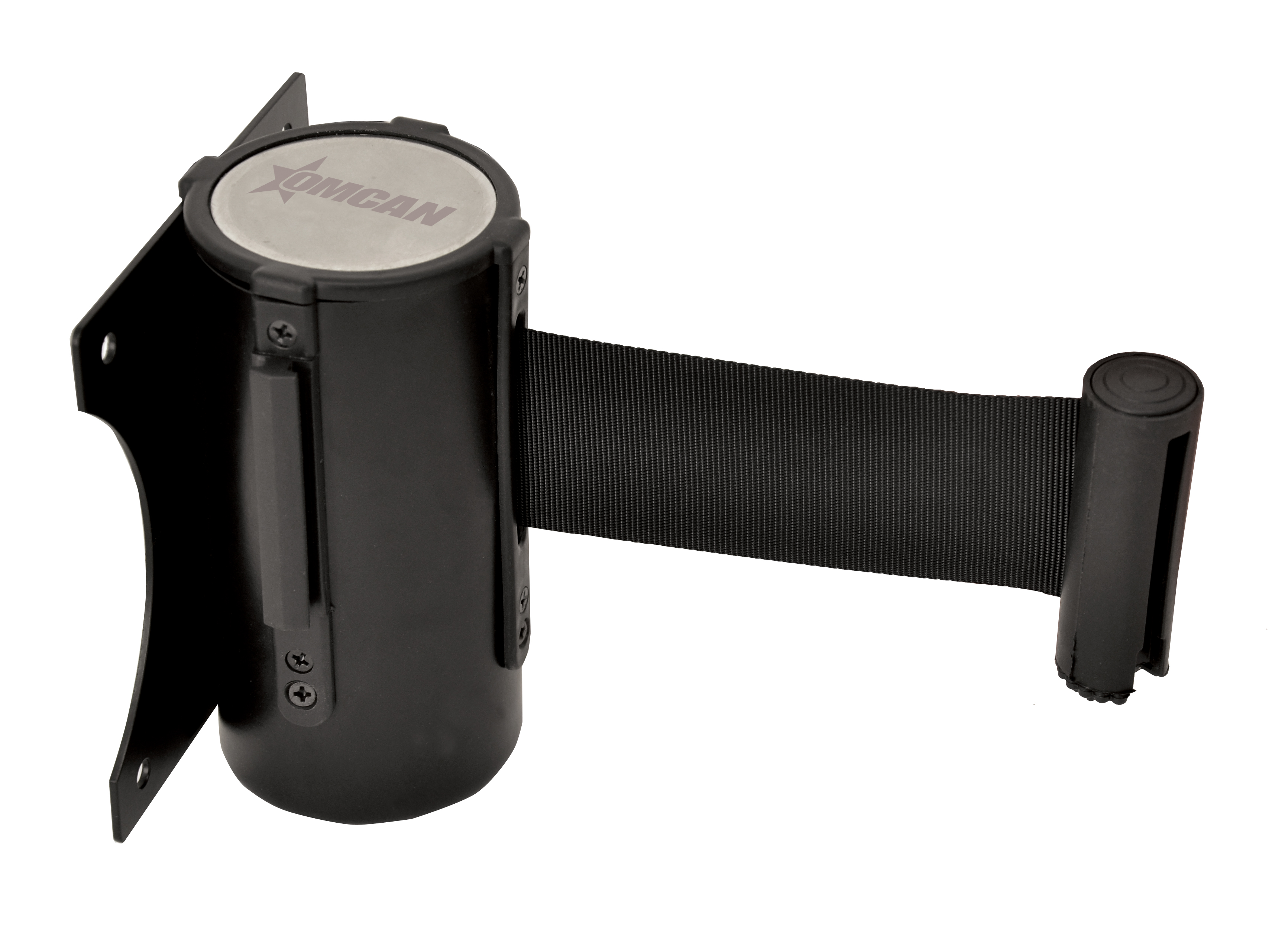 Black Painted Steel Wall-Mounted Stanchion with Retractable Belt Barrier