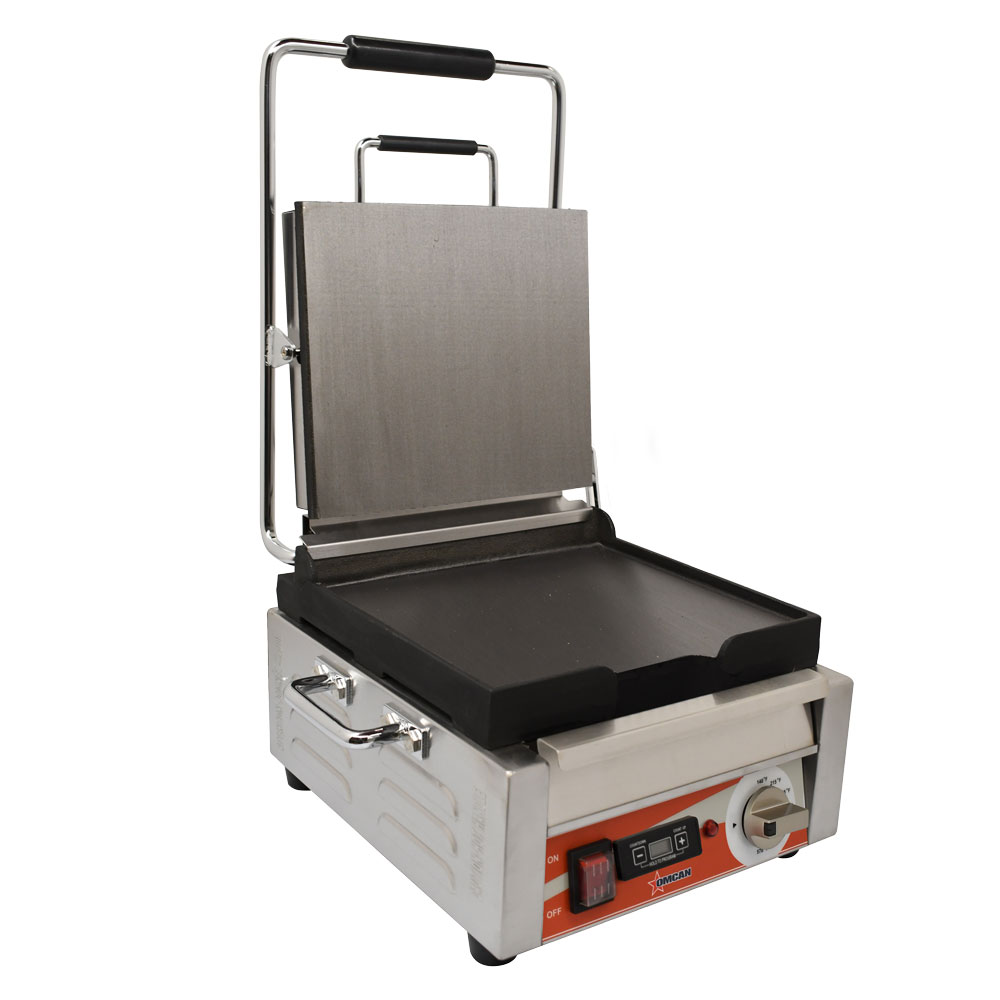 Omcan Single Panini Grill with Smooth Plates and Timer – Cooking Surface – 120V, 1800W — Size: 10" x 11"