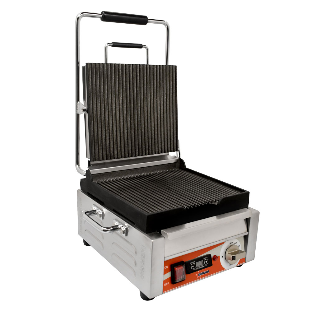 Omcan Single Panini Grill with Grooved Plates and Timer – Cooking Surface – 120V, 1800W — Size: 10" x 11"
