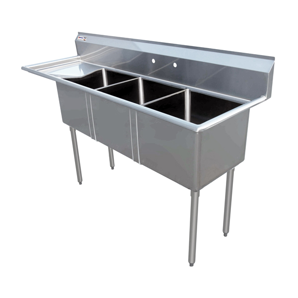 Omcan 18-gauge stainless steel Three Tub Sink with Center Drain and Left Drainboard — Size: 10" x 14" x 10"