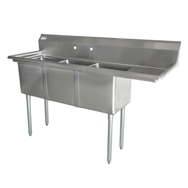 Omcan 18-gauge stainless steel Three Tub Sink with Center Drain and Right Drainboard — Size: 10" x 14" x 10"