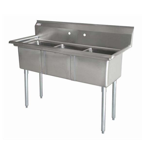 Omcan 18-gauge stainless steel Three Tub Sink with Center Drain Without Drainboard — Size: 10" x 14" x 10"