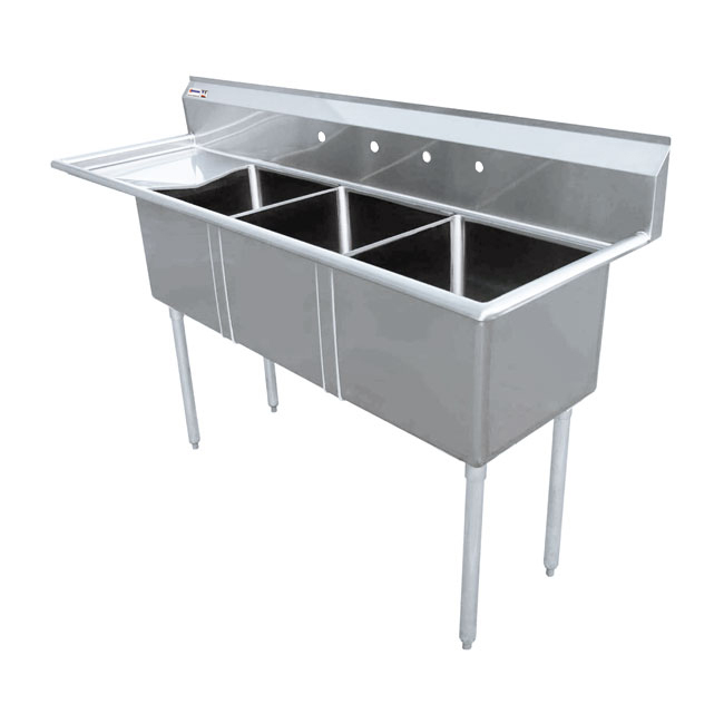 24″ x 24″ x 14″ Stainless Steel Three Tub Sink with 3.5″ Center Drain and Left Drainboard