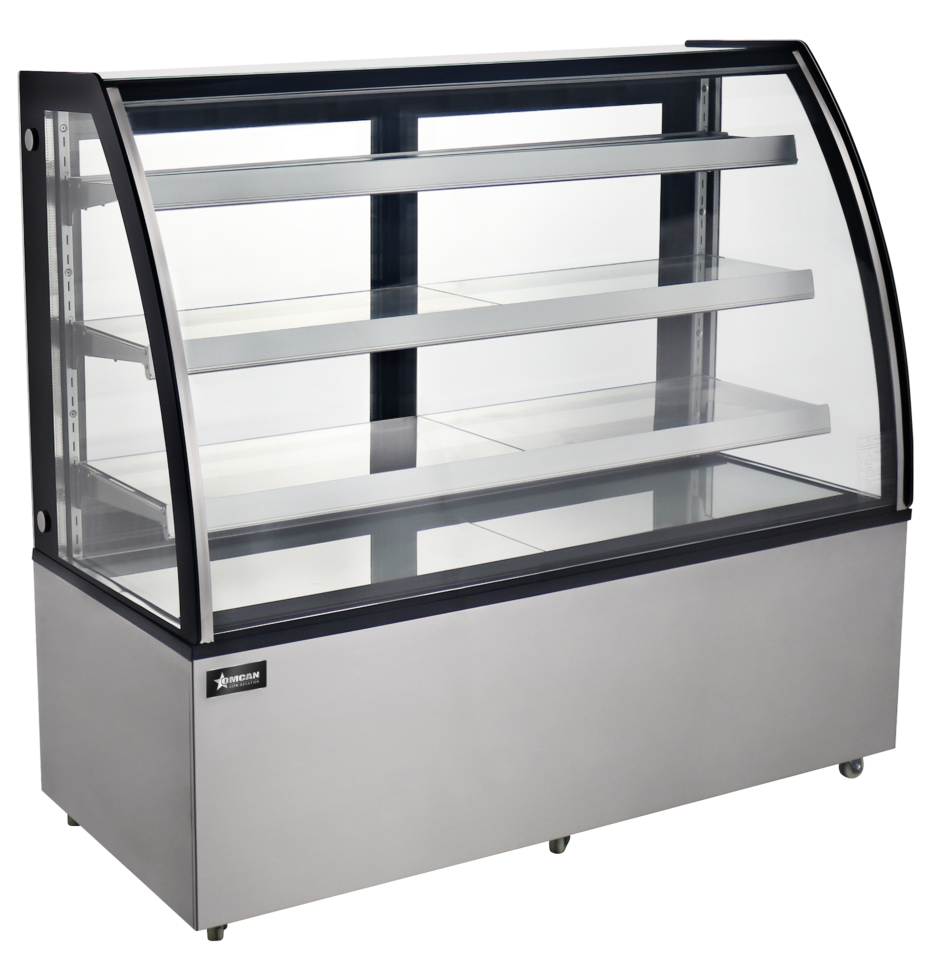 OMCAN 72″ Three (3) Shelf Curved Glass Floor Refrigerated Showcase, 22.95 cu.ft (650 Liter), Stainless steel