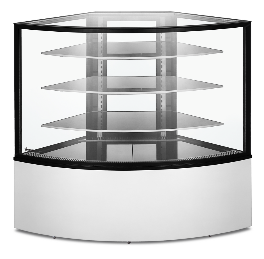 59″ Three (3) Shelf Refrigerated Corner Floor Glass Display Case, 16.8 cu.ft (475 L), Stainless steel
