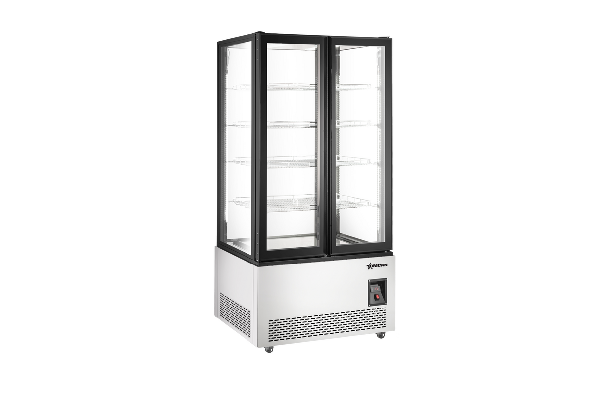 OMCAN 40” Four (4) Shelf 4-Sided Glass Display Freezer with Front and Back Glass Door, 21.18 cu.ft. (600 L), Stainless Steel
