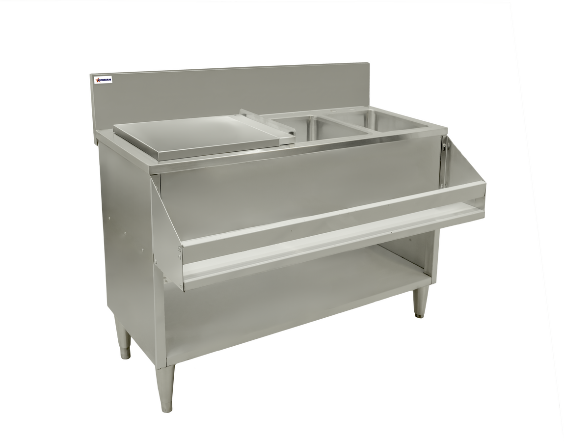 Omcan Cocktail Mix Unit with Back Splash, Ice Bin with Sliding Cover, and Sinks — Size: 44" x 12" x 10"