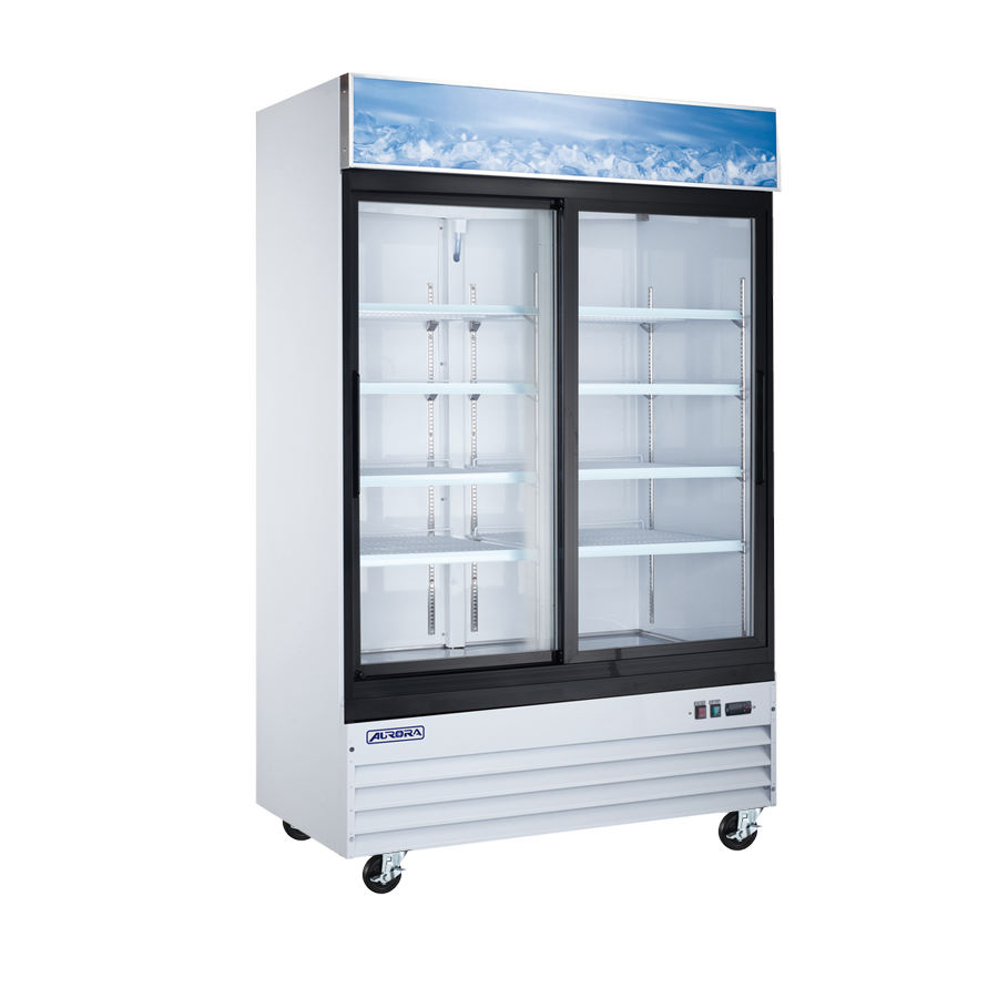 Aurora 54″ Two (2) Sliding Glass Door Display Refrigerator with Lightbox, 45 cu.ft. (1274 L), White