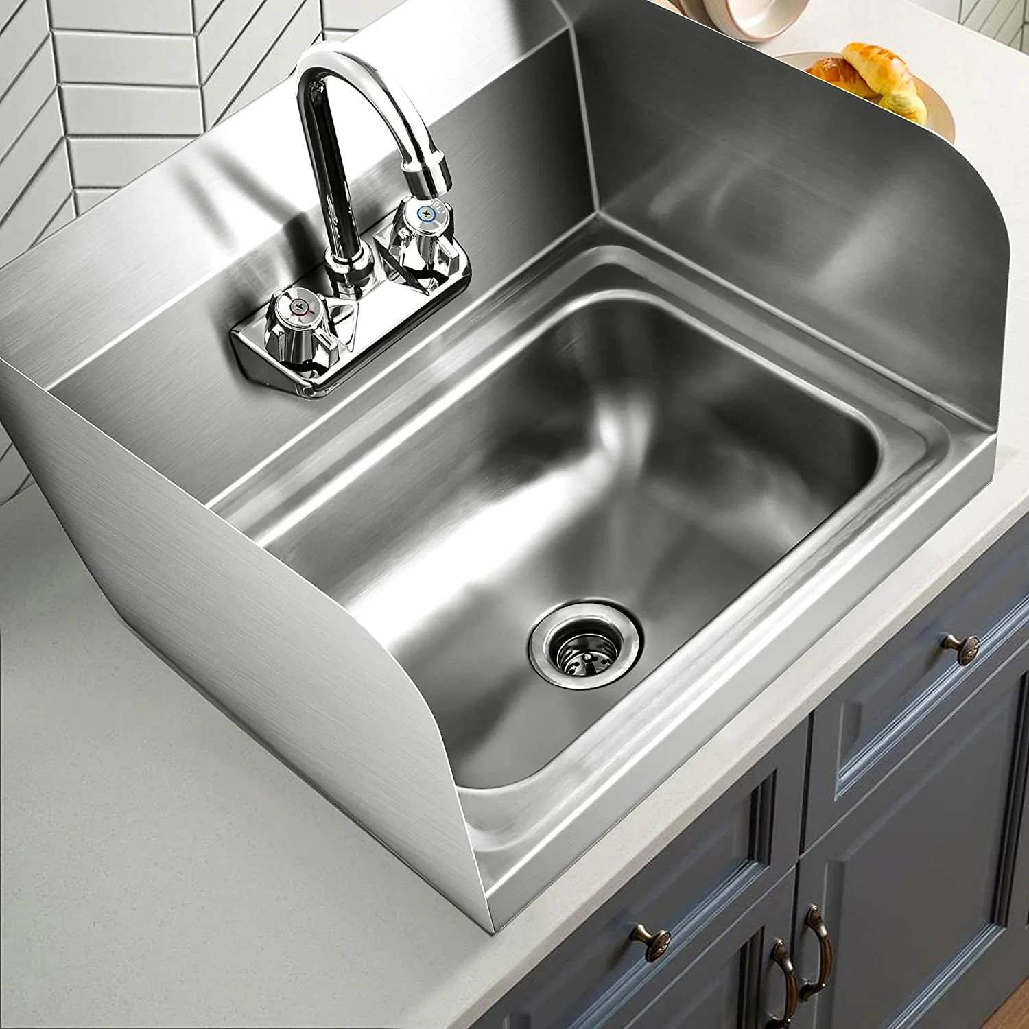 Maple Leaf Stainless Steel 17" x 15" Wall Mounted Hand Sink with Side Splash Guards(Faucet Included)