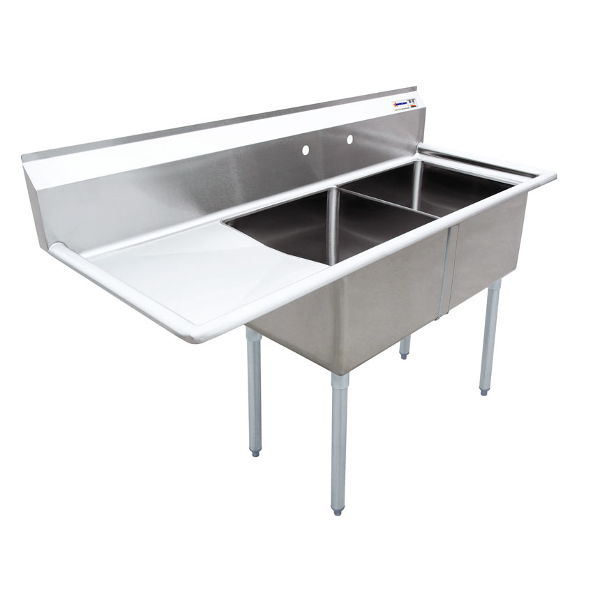 Omcan 18-gauge stainless steel Two Tub Sink with Center Drain and Left Drainboard