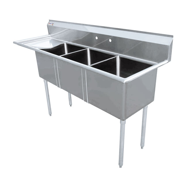 Omcan 18-gauge stainless steel Three Tub Sink with Center Drain and Left Drainboard