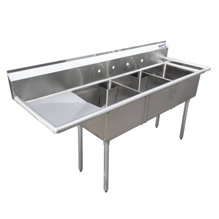 Omcan 18-gauge stainless steel Three Tub Sink with Corner Drain and Left Drainboard