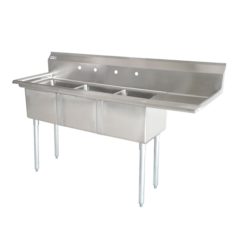 Omcan 18-gauge stainless steel Three Tub Sink with Corner Drain and Right Drainboard