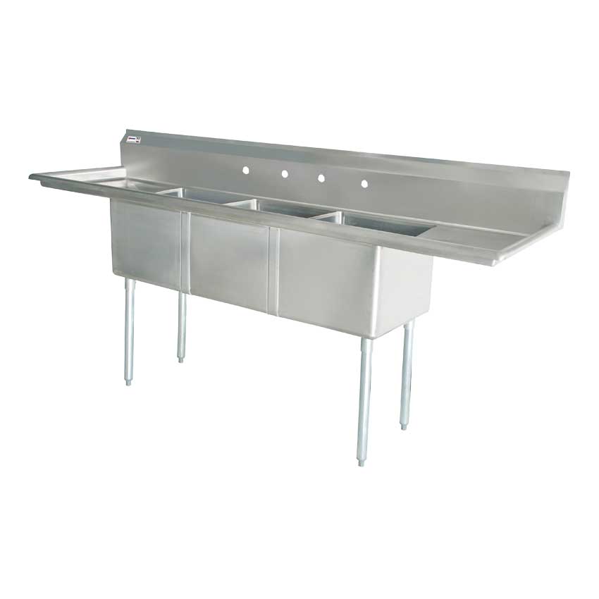Omcan 18-gauge stainless steel Three Tub Sink with Corner Drain and Two Drainboards