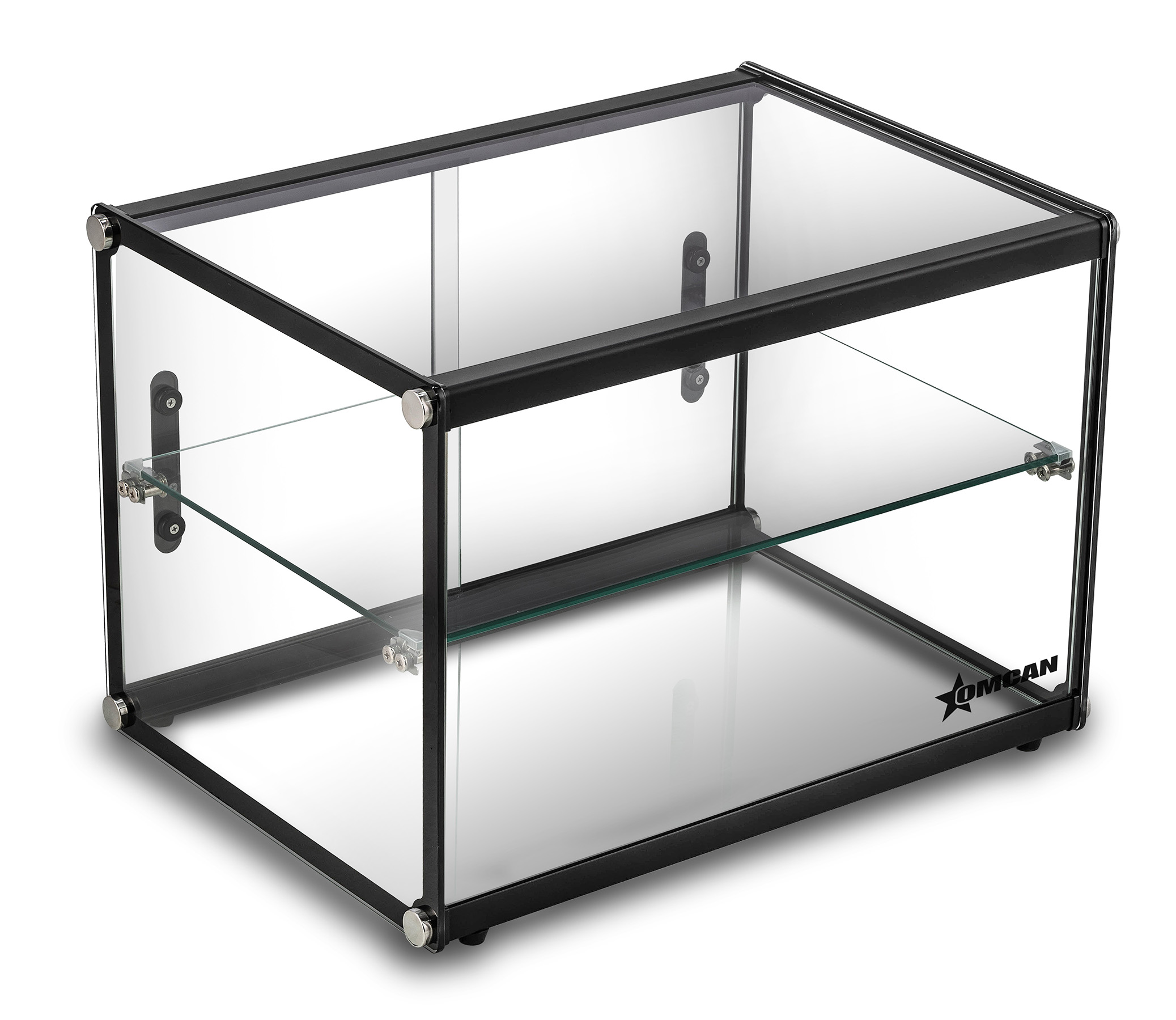 Omcan Countertop Food Display Case with Square Front Glass, 2 Tiers, and capacity