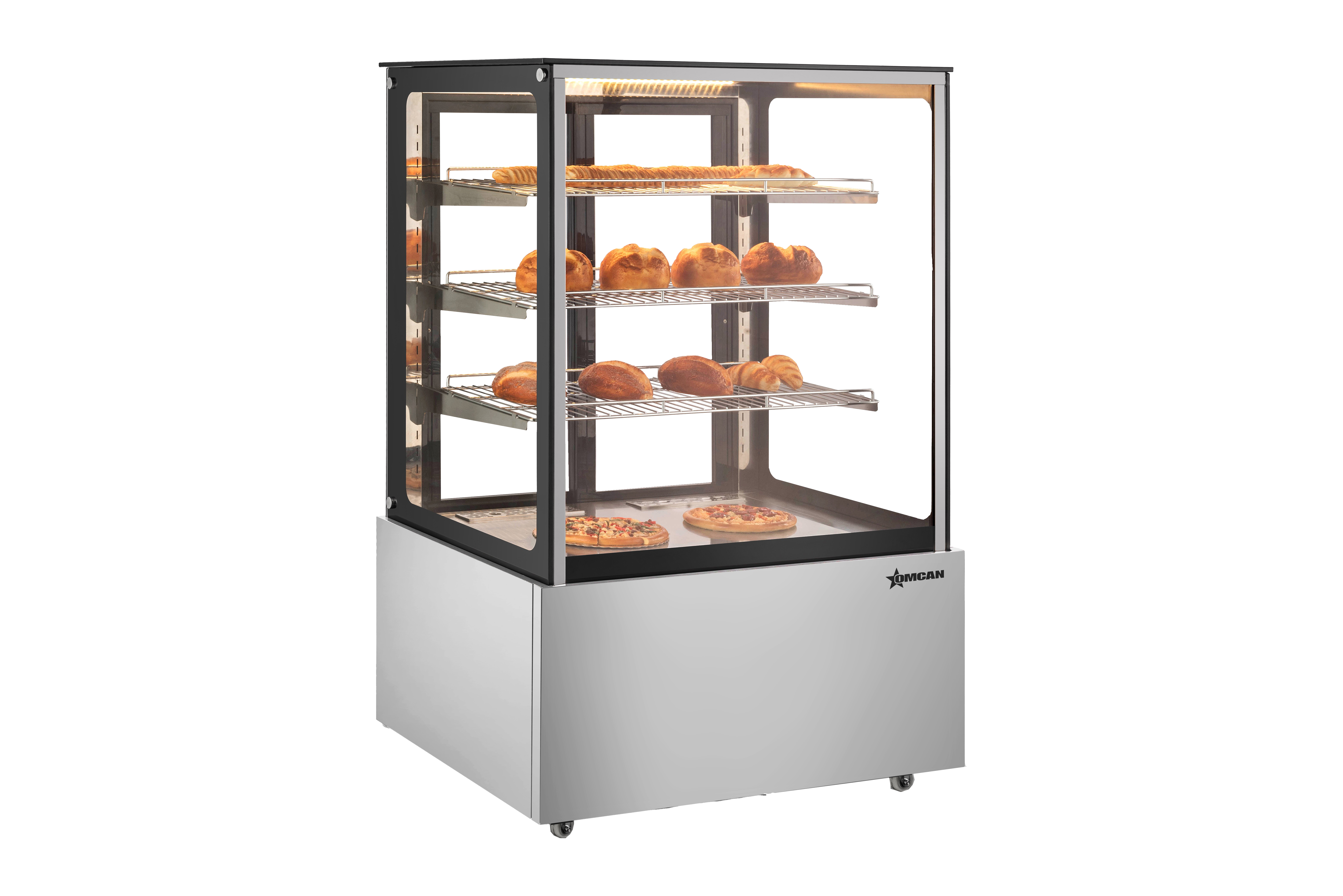 Omcan Floor Display Warmer, 3 Shelves, Square-Glass Front, Full-Service, . ( ) Capacity – 110V, 800W
