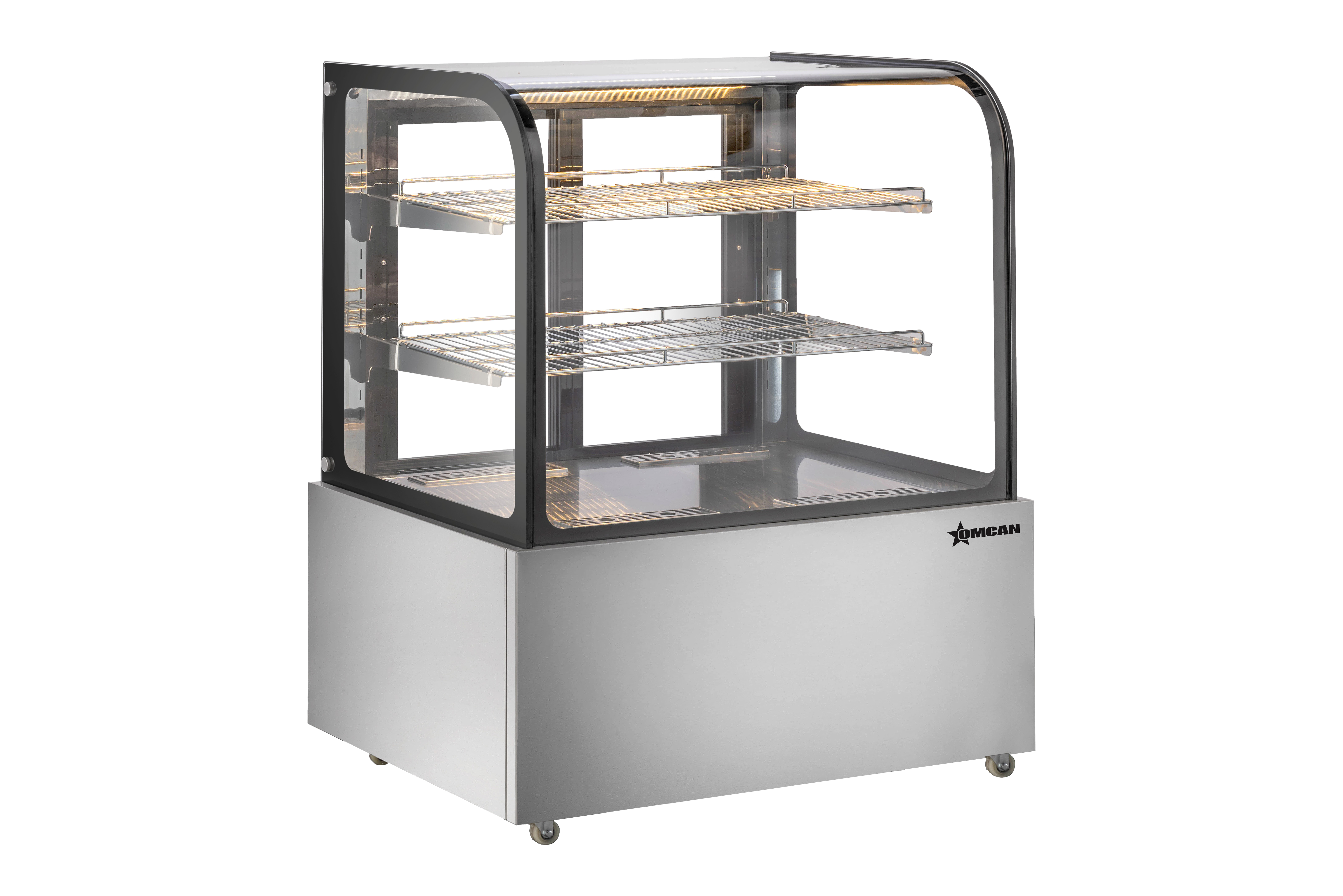 Omcan Floor Model Display Warmer, 2 Shelves, Curved Glass, Full-Service, . ( ) capacity - 110V, 800W