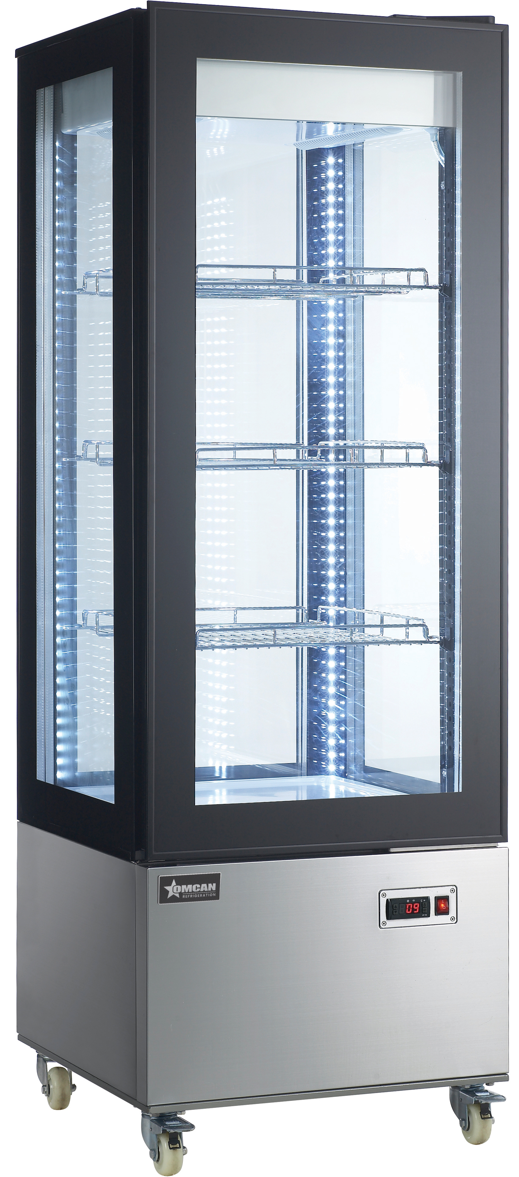 Omcan Three (3) Shelf Refrigerated Display Case with Four-Sided Glass Tall, . ( ), Stainless Steel