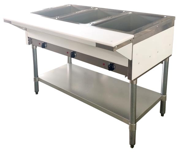 Omcan 3 Pan Open Well Steam Table with Cutting Board and Undershelf
