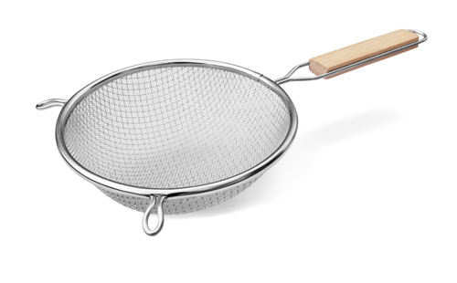 Omcan Tinned Double Mesh Strainer with Flat Wood Handle