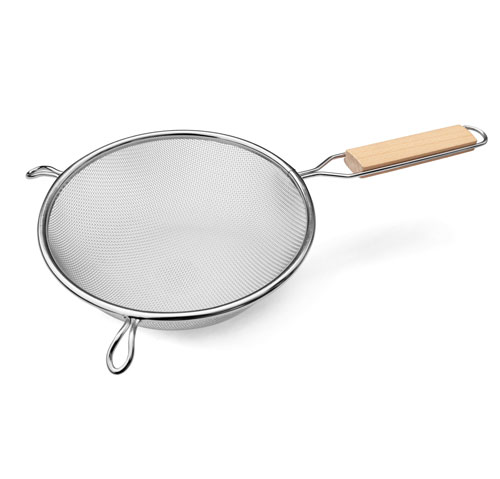 Omcan Tinned Single Mesh Strainer with Flat Wood Handle