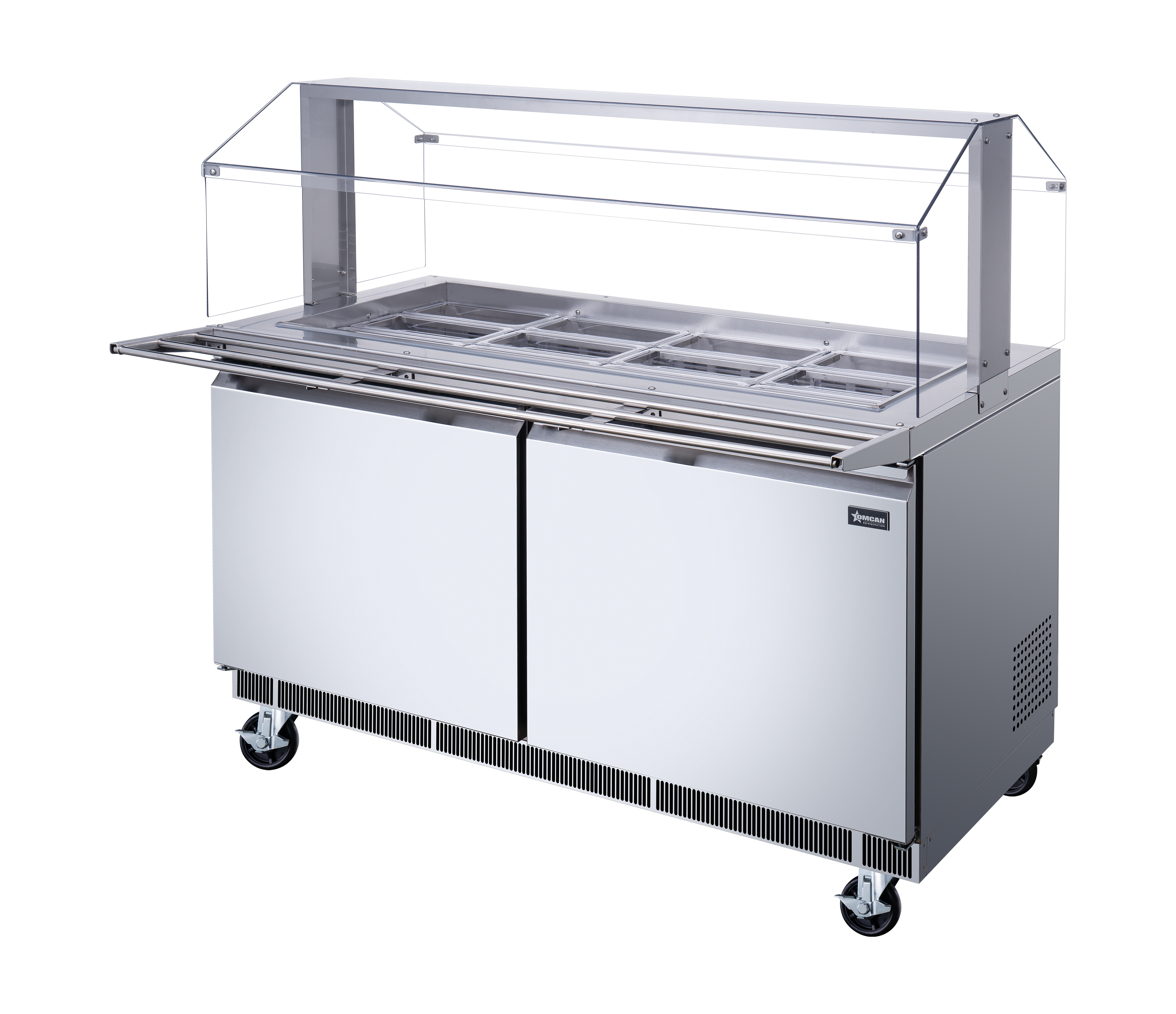 Omcan Stainless Steel Refrigerated Salad Bar / Cold Food Table with Sneeze Guard, Tray Slide and Pan Covers