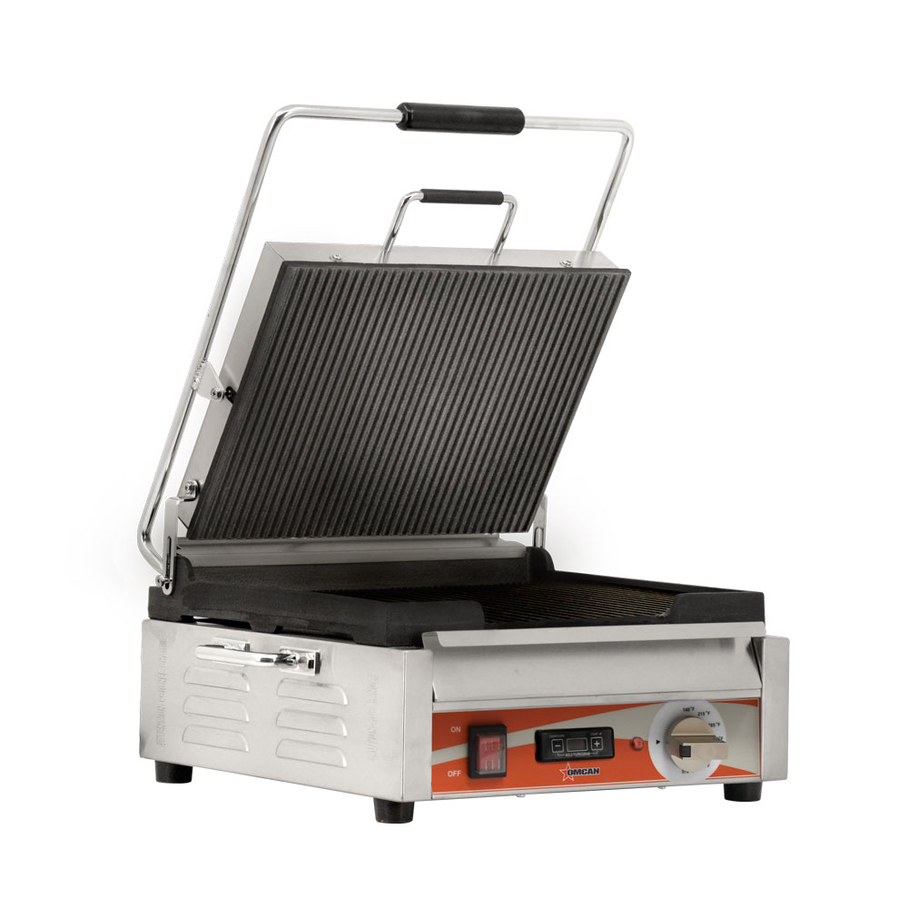 Omcan Single Panini Grill with Grooved Plates and Timer – Cooking Surface – 120V, 1800W