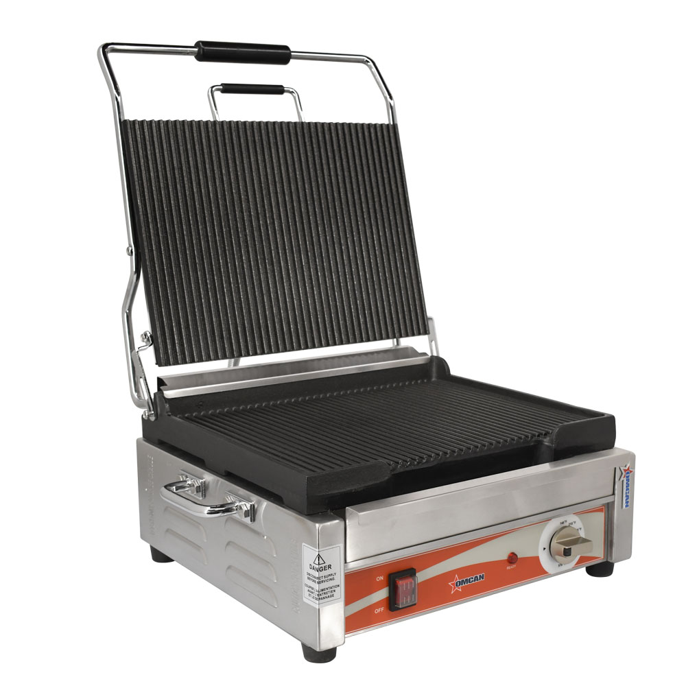 Omcan Single Panini Grill with Grooved Plates – Cooking Surface – 120V, 1800W