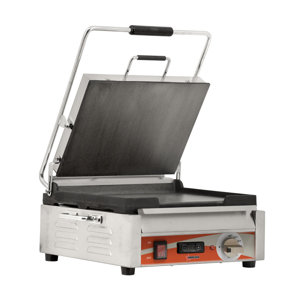 Omcan Single Panini Grill with Smooth Plates and Timer – Cooking Surface – 120V, 1800W