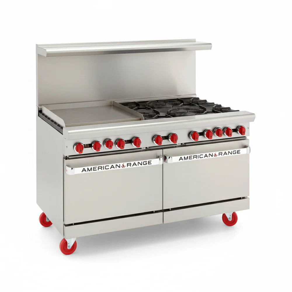 American Range AR-36G-6B 72" Natural Gas 6-Burner Restaurant Range with 2 Standard Ovens & 36" Left Griddle Plate - 322,000 BTU