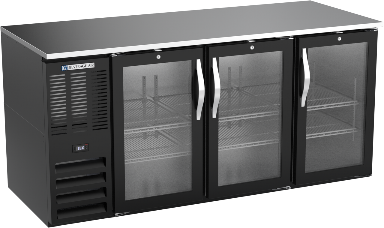 Beverage-Air - 72" Black Food Rated Back Bar Refrigerator w/ 3 Swing Glass Doors - BB72HC-FG-B