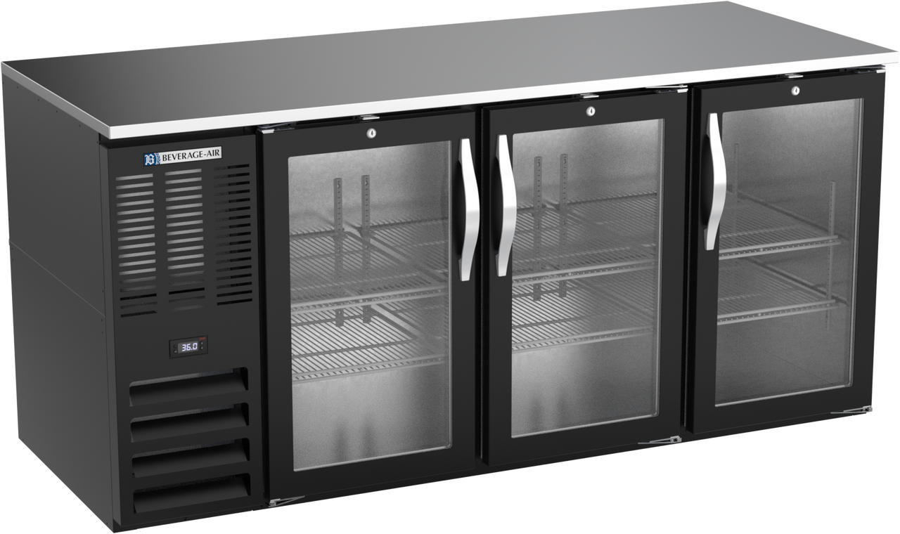 Beverage-Air - 72" Black Back Bar Refrigerator w/ 3 Glass Swing Doors - BB72HC-G-B