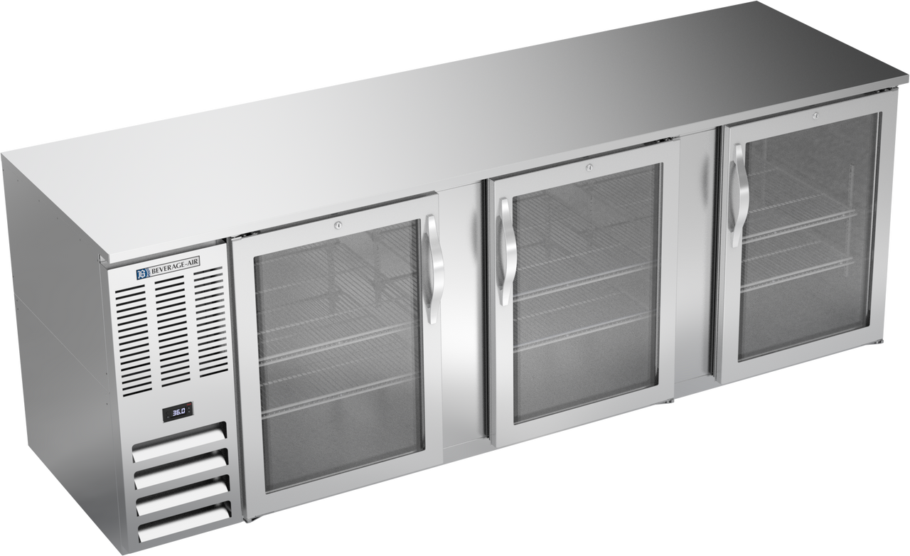 Beverage-Air - 94" Stainless Steel Food Rated Back Bar Refrigerator w/ 3 Swing Glass Doors - BB94HC-FG-S
