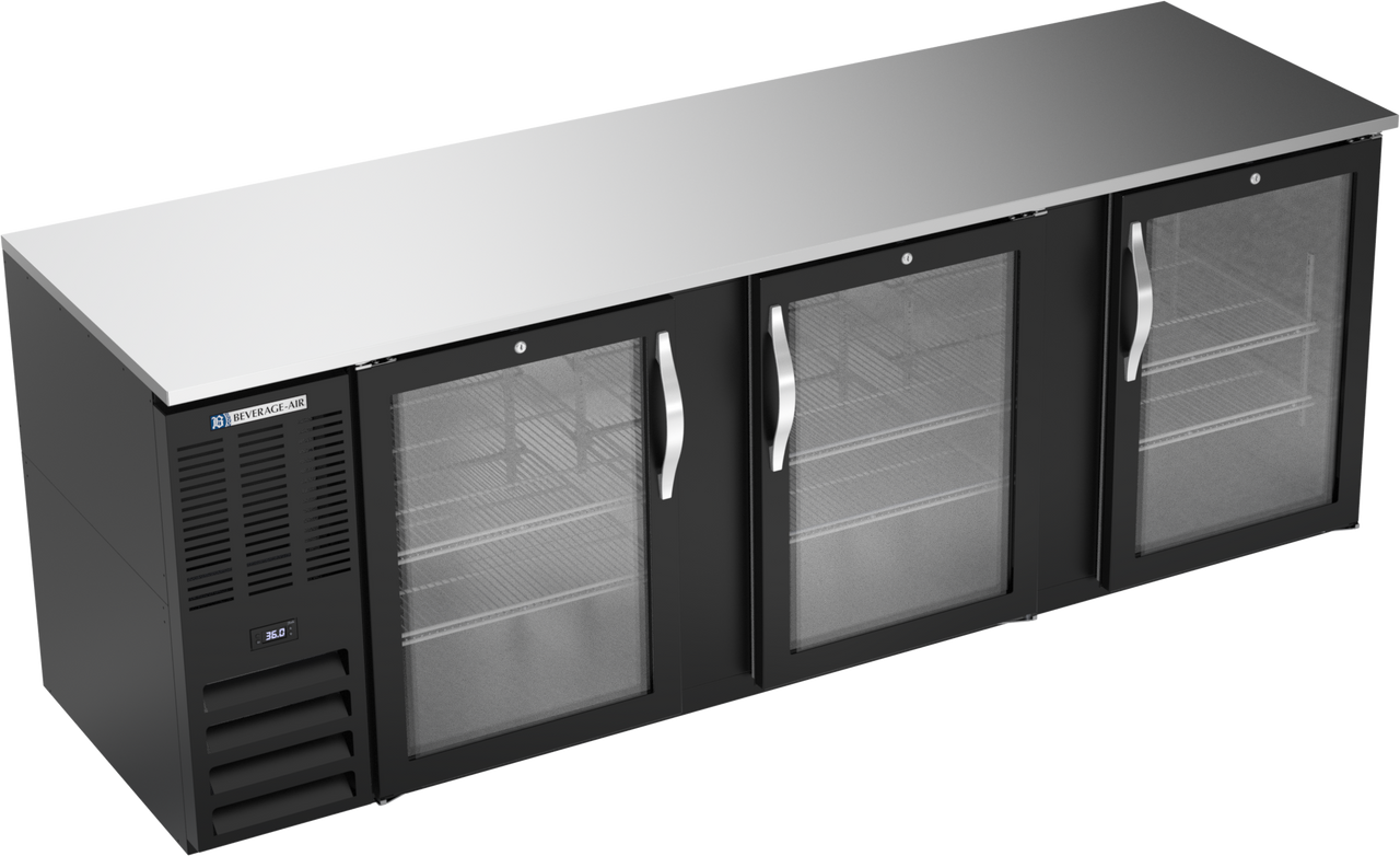 Beverage-Air - 94" Black Back Bar Refrigerator w/ 3 Glass Swing Doors - BB94HC-G-B