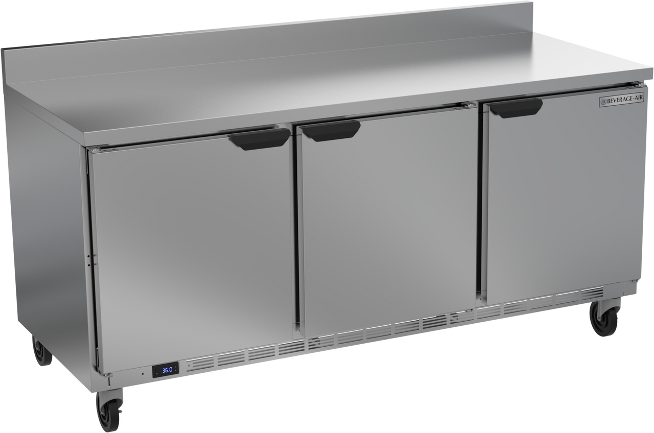 Beverage-Air - 72" Mobile Worktop Refrigerator w/ 3 Solid Swing Doors & Foamed-In Backsplash - WTR72AHC-FIP