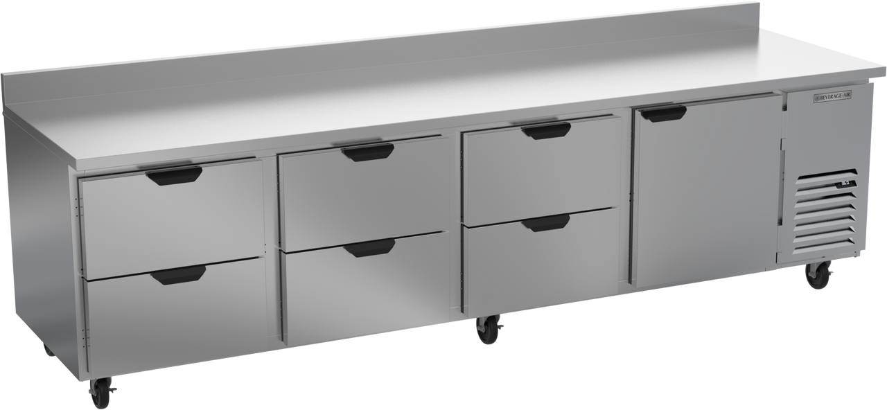 Beverage-Air - 119" Mobile Worktop Refrigerator w/ 6 Drawers, 1 Door & Foamed-In Backsplash - WTRD119AHC-6