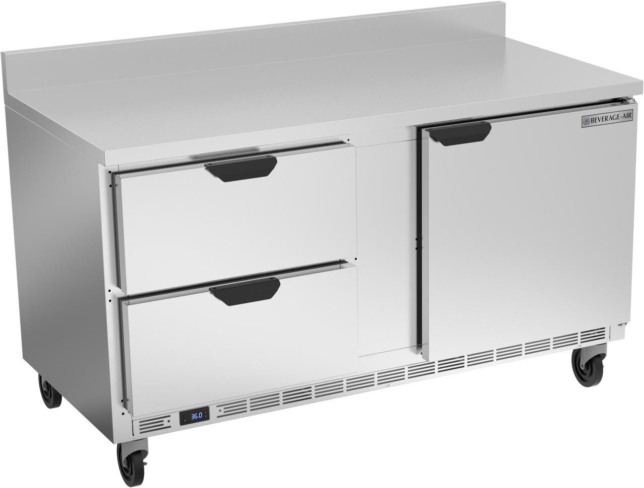 Beverage-Air - 60" Mobile Worktop Refrigerator w/ 2 Drawers, 1 Door & Foamed-In Backsplash - WTRD60AHC-2-FIP