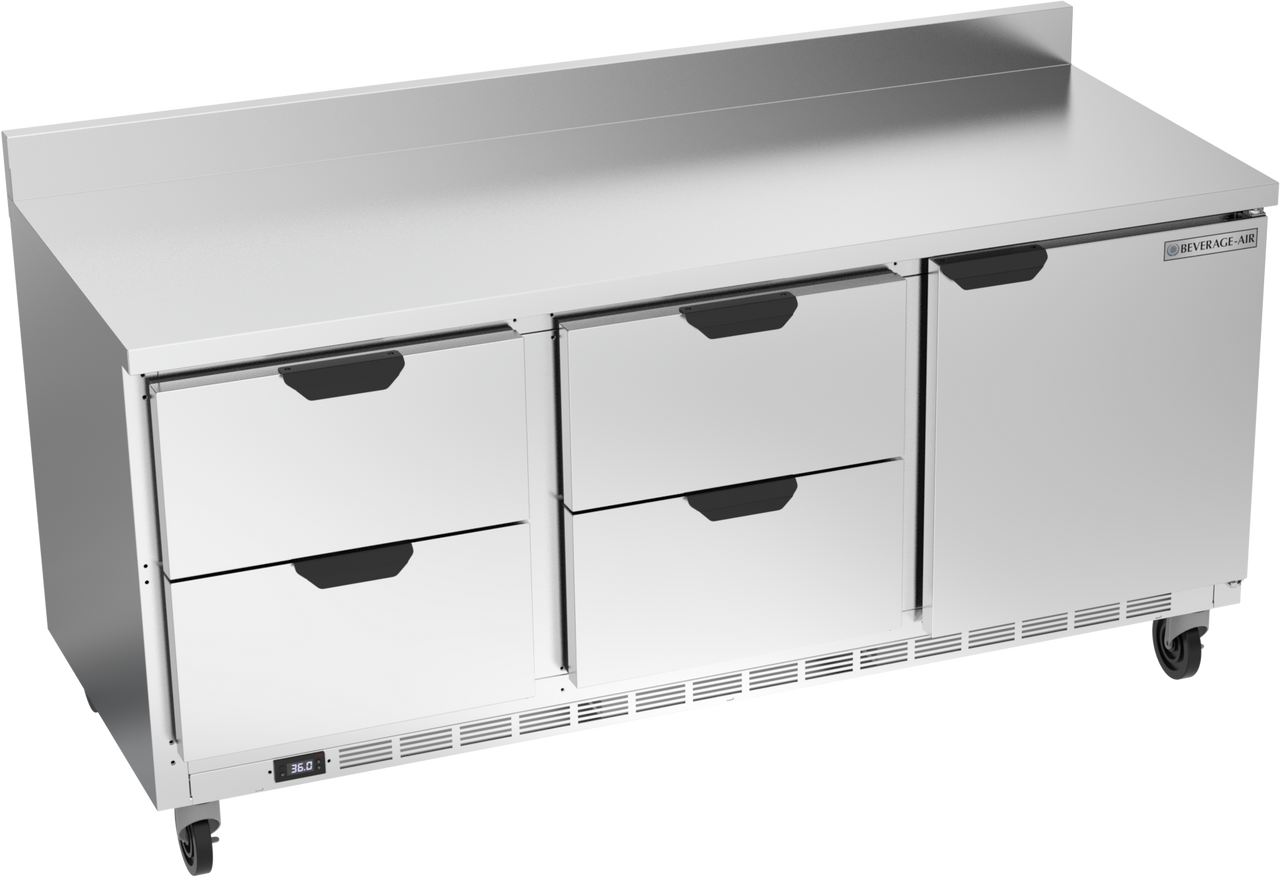 Beverage-Air - 72" Mobile Worktop Refrigerator w/ 4 Drawers, 1 Door & Foamed-In Backsplash - WTRD72AHC-4-FIP