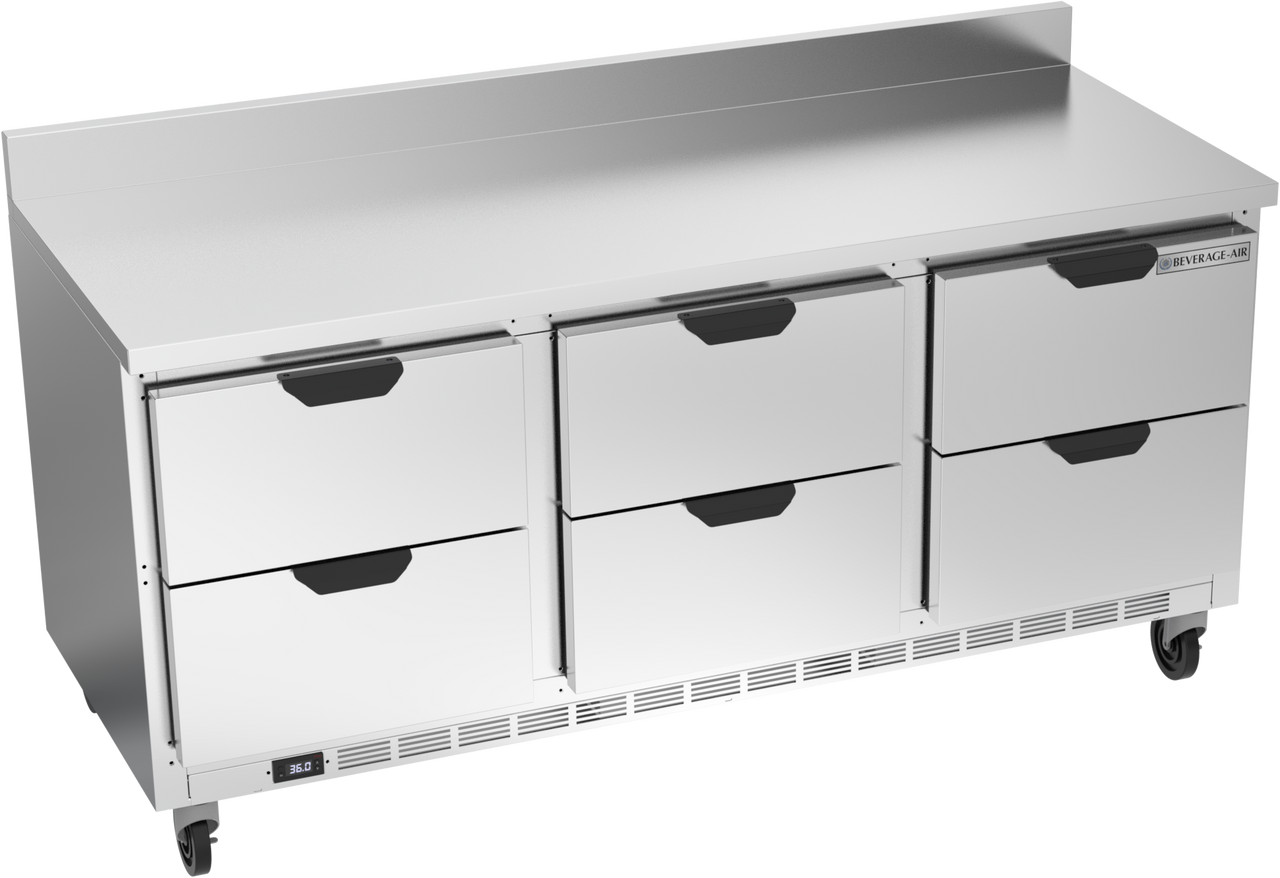 Beverage-Air - 72" Mobile Worktop Refrigerator w/ 6 Drawers & Foamed-In Backsplash - WTRD72AHC-6-FIP