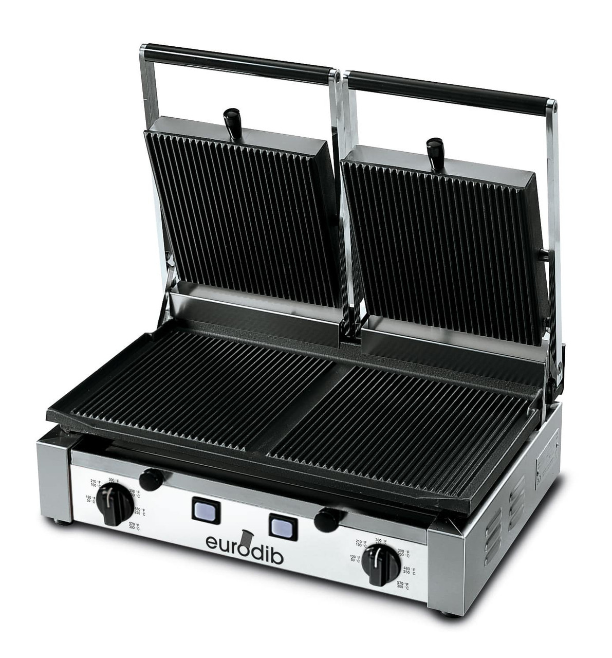 Eurodib - PD Double Electric Panini Grill 220V w/ 2 Ribbed Tops, 1 Ribbed Bottom & 1 Flat Bottom - SMSPDM3000220