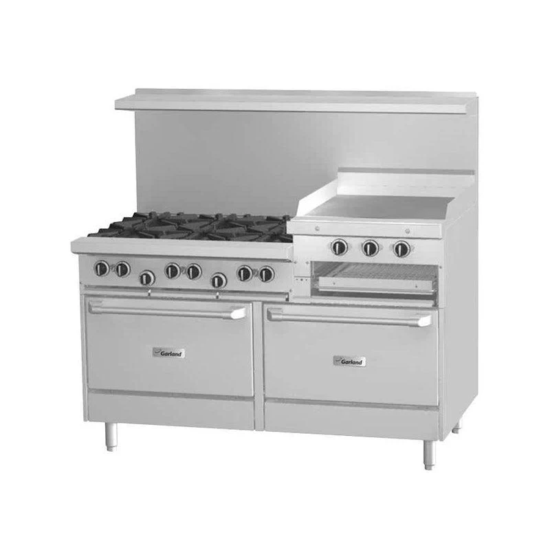 Garland G60-6R24SS 60" Natural Gas 6-Burner Range With 24" Raised Griddle Or Broiler And 2 Storage Bases - 231,000 BTU