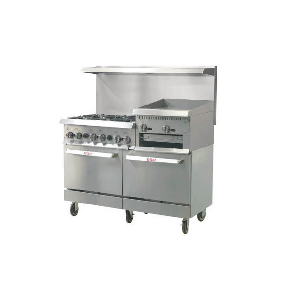 Ikon IR-6B-24RG-60 60" Natural Gas 6-Burner Range and 24" Raised Broiler - 306,000 BTU