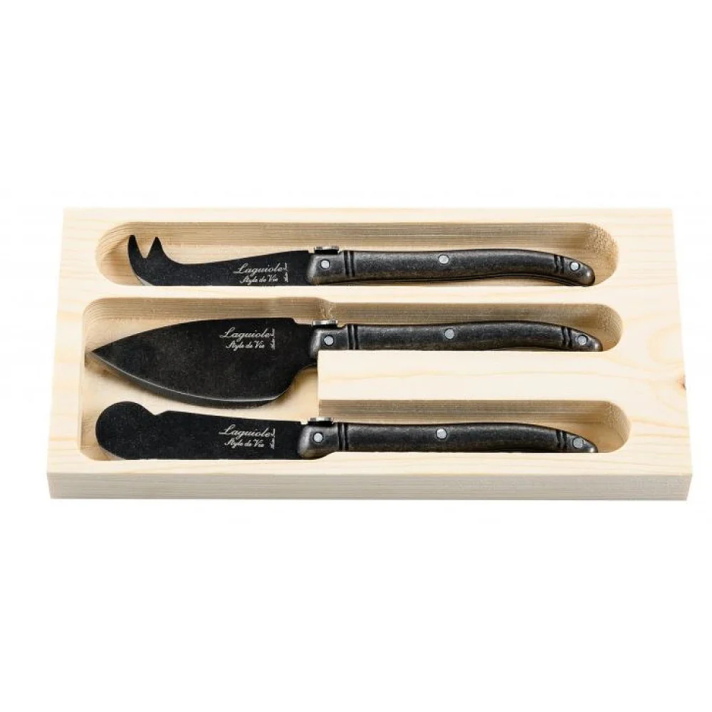Laguiole By Andre Verdier 3-Piece Laguiole Premium Collection Black Stonewash Cheese Knives